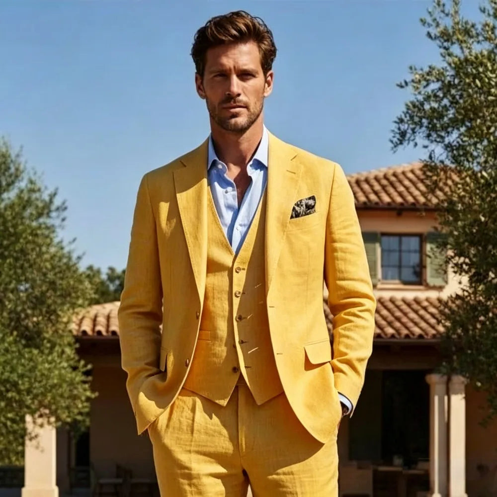 Beige Linen Wedding Tuxedo 3 Pieces Summer Suits for Men Slim Fit Groom Blazer Trousers Vest Set Beach Party Wedding Suits Men