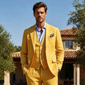 Beige Linen Wedding Tuxedo 3 Pieces Summer Suits for Men Slim Fit Groom Blazer Trousers Vest Set Beach Party Wedding Suits Men