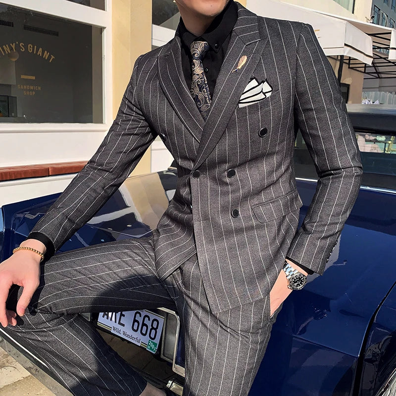 Luxury Men's Striped Wedding Casual Tuxedo Men's British Slim Suit 2pcs Men's Quality Business Social Club Suit Costume Homme