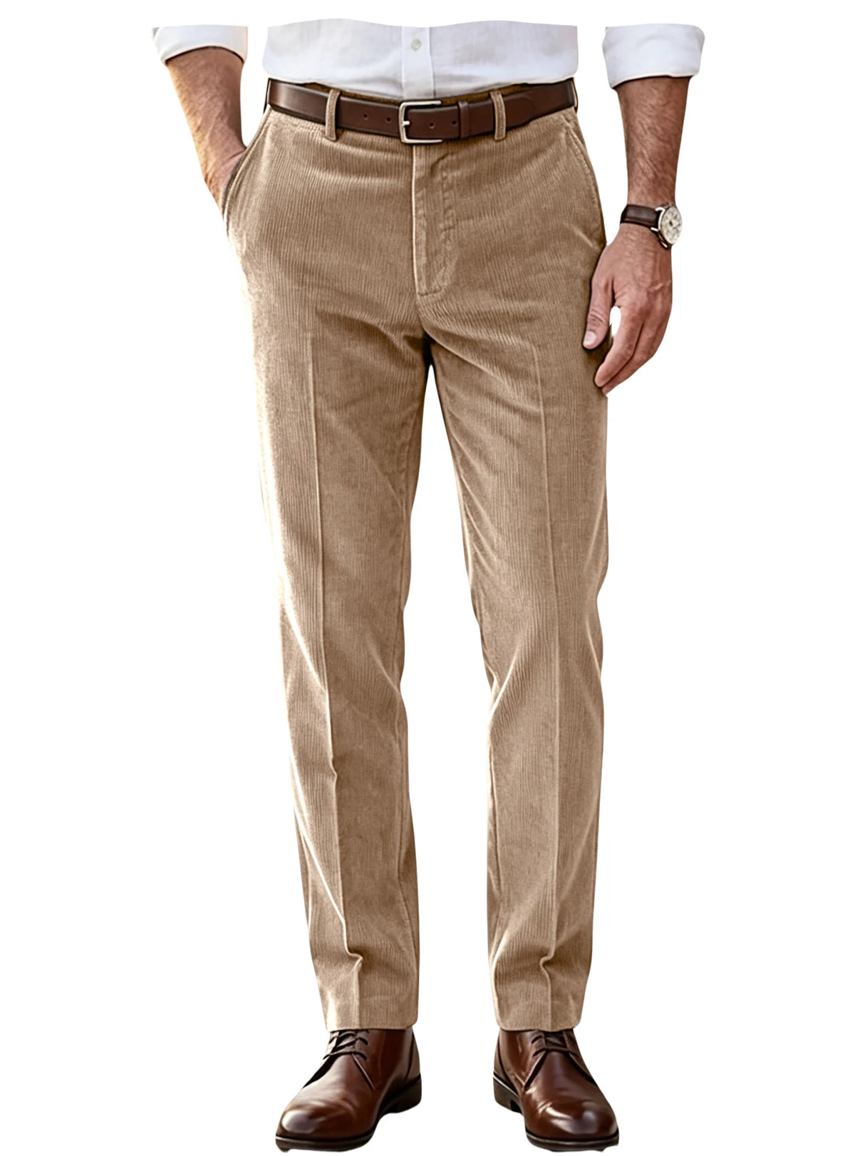 Men's Khaki Corduroy Pants Straight Leg Classic Fit Elastic Waist Comfort Wrinkle Resistant Formal Trousers For Business Office