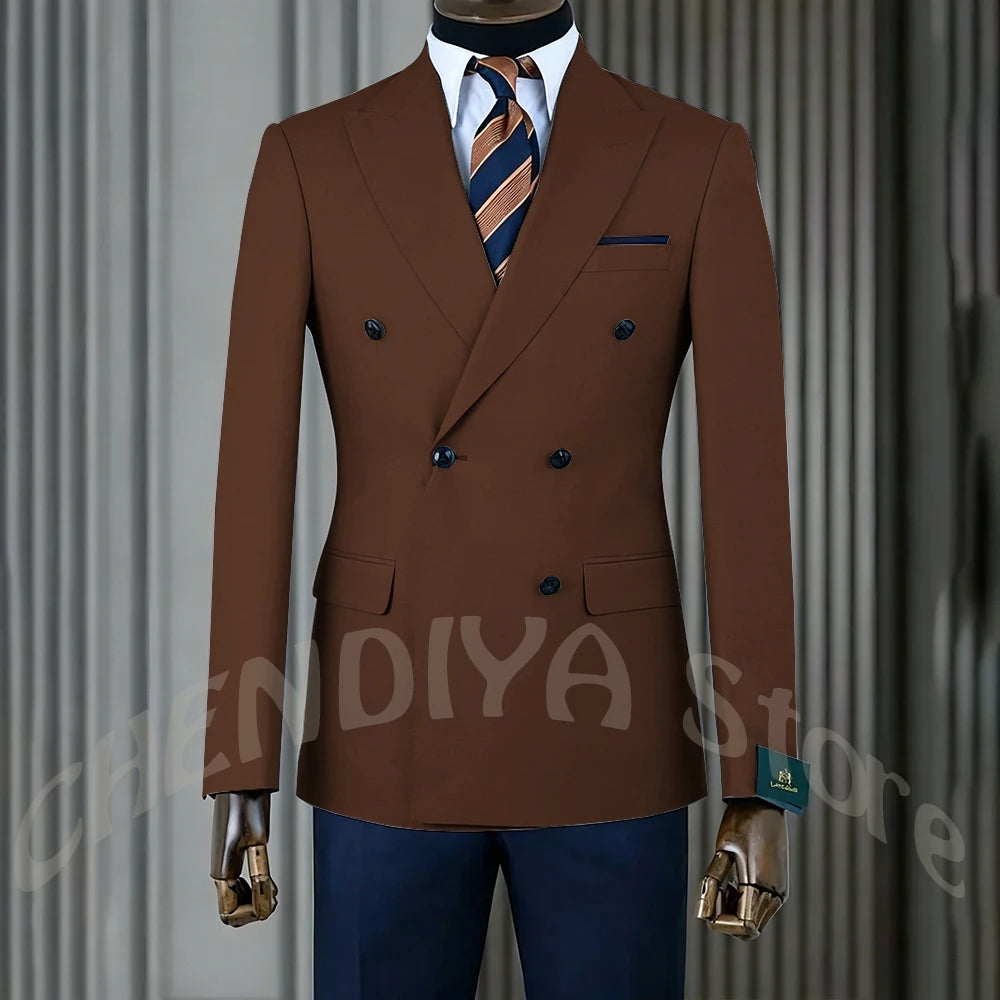 Stylish Men Suits Contrast Color Formal Blazer Male Clothing Double Breasted Business Casual Party Prom Jacket Pants Navy Blue