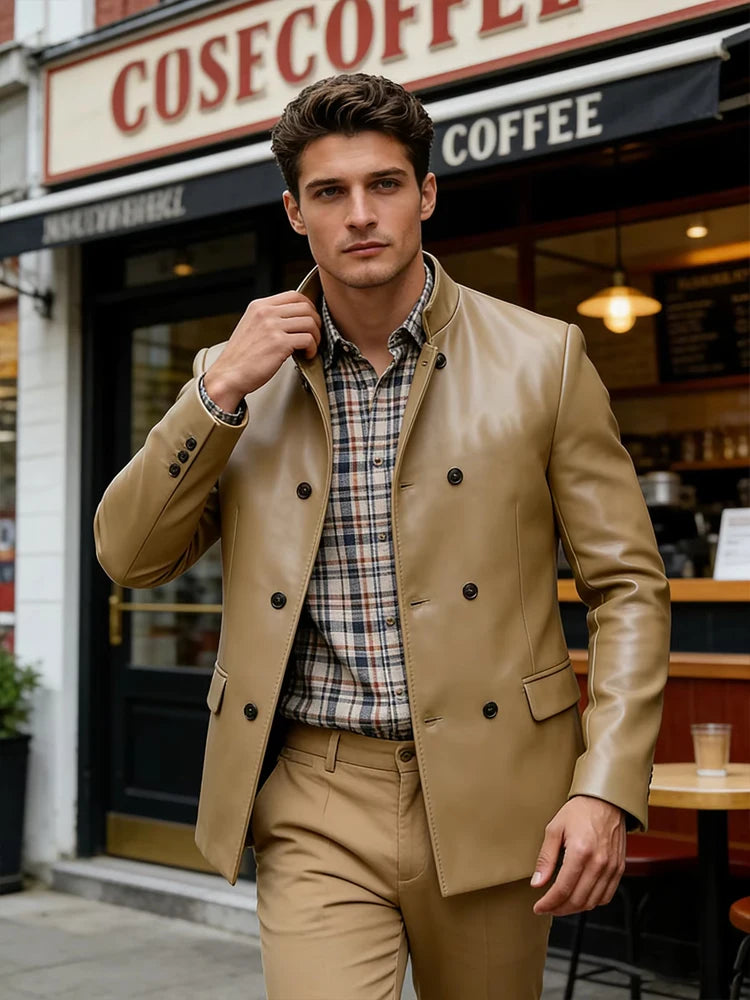Men's Blazer Stand Collar Faux Leather Jacket High Quality Double Breasted Slim Fit Casual Coat For Business Office Outerwear