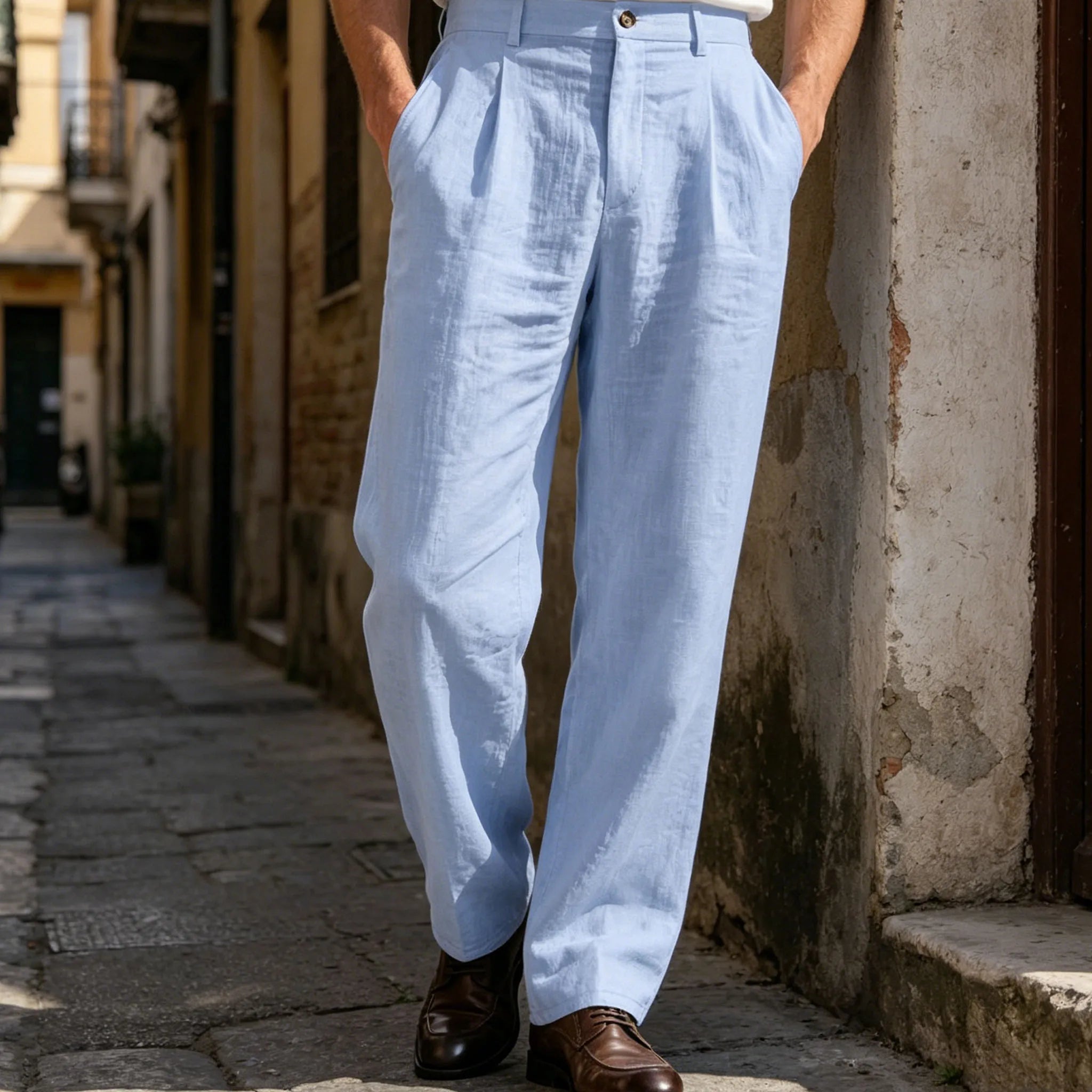 Men's Linen Cotton Pants Classic Straight Fit Trousers Breathable Lightweight Stretch Waist Casual Cool Fabric For Summer Beach