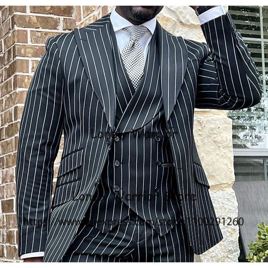 Fashion Black Stripe Men Suits Slim Fit Formal Business Blazer Wedding Groom Tuxedo 3 Piece Set Jacket Vest Pants Costume Homme