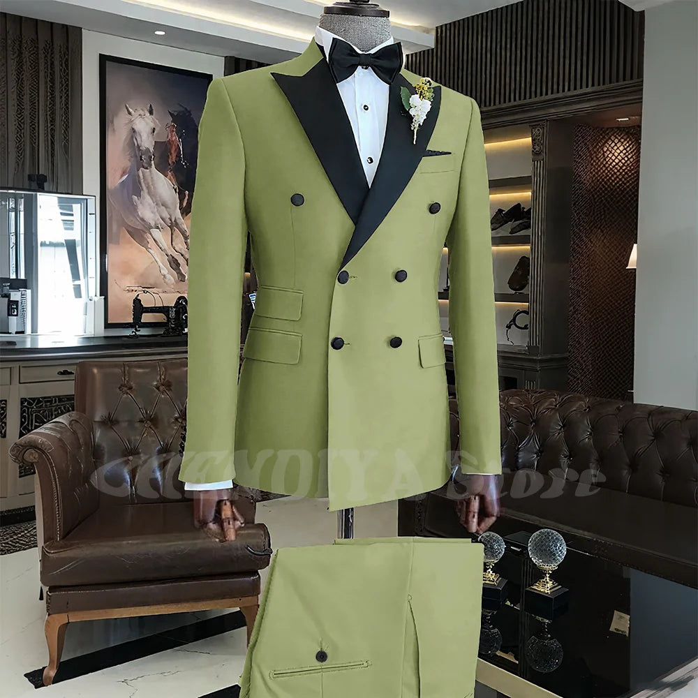 Elegant Men Suits Classic Double Breasted Peak Lapel Male Clothing 2 Piece Fashion Evening Party Business Prom Formal Set