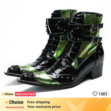 Punk Style Leather Men Shoes Cowboy Ankle Boots High Rubber Boots Metal Pointed Toe Lace Up Buckle Shoes Mens Mujer