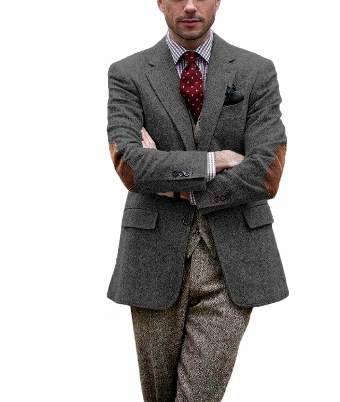 Men's Tweed Blazer Notched Lapel Wool Blend With Elbow Patches Casual Suit Jacket For Business Wedding Daily Wear Party