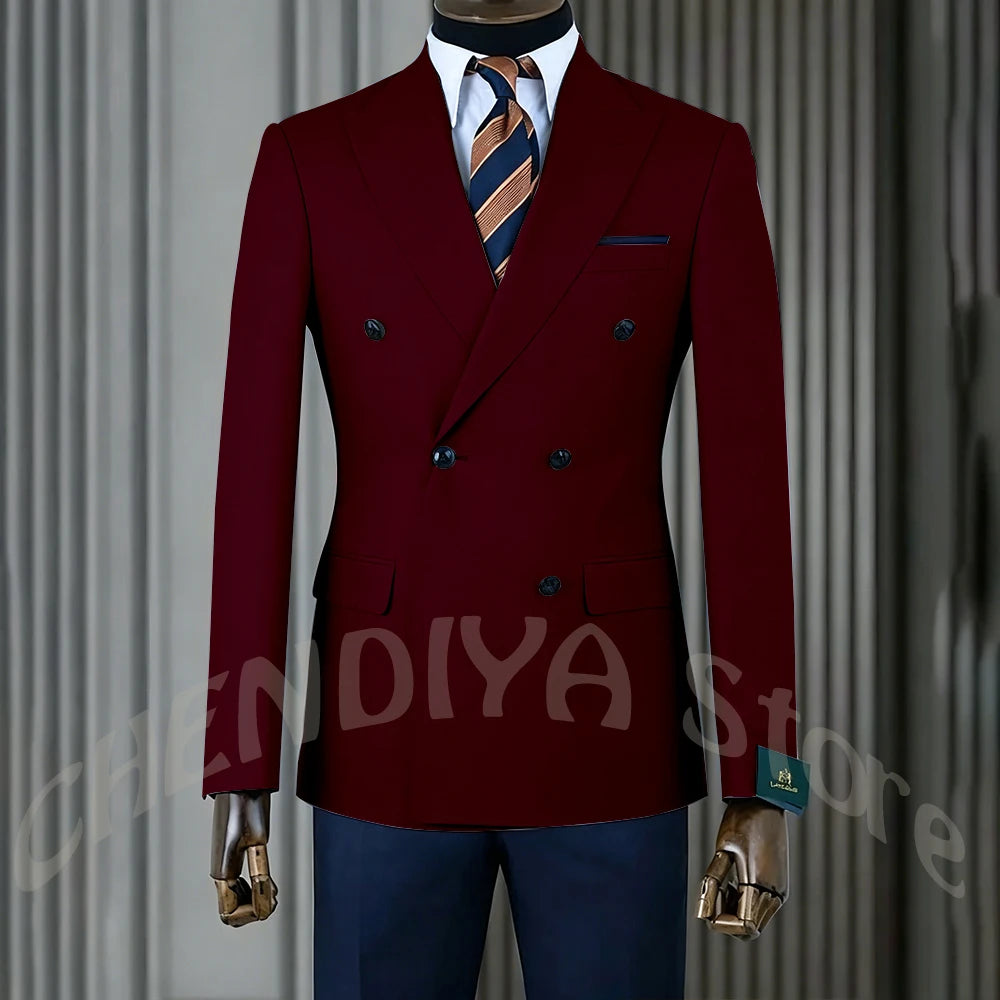 Stylish Men Suits Contrast Color Formal Blazer Male Clothing Double Breasted Business Casual Party Prom Jacket Pants Navy Blue