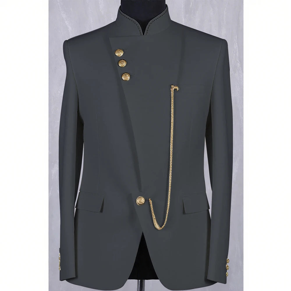 High Quality Blue Men Suit Casusl Blazer Single Breasted Stand Collar African Slim Fit Modern Style Outfits Jacket Pants
