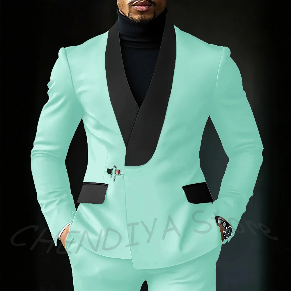 Contrast Color Men's Suit Set 2 Piece Elegant Shawl Lapel Slim Fit Formal Outfit Business Casual Jacket Pants Customized