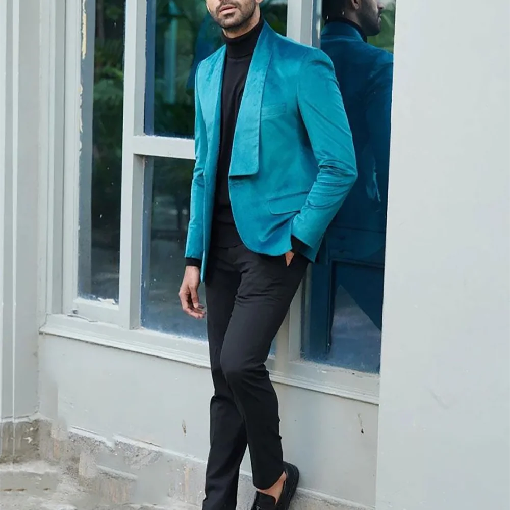 Chic Shawl Lapel Men Suit 2 Piece Luxury Velvet Jacket Single Button Slim Fit Outfit High Street Daily Casual Blazer Set
