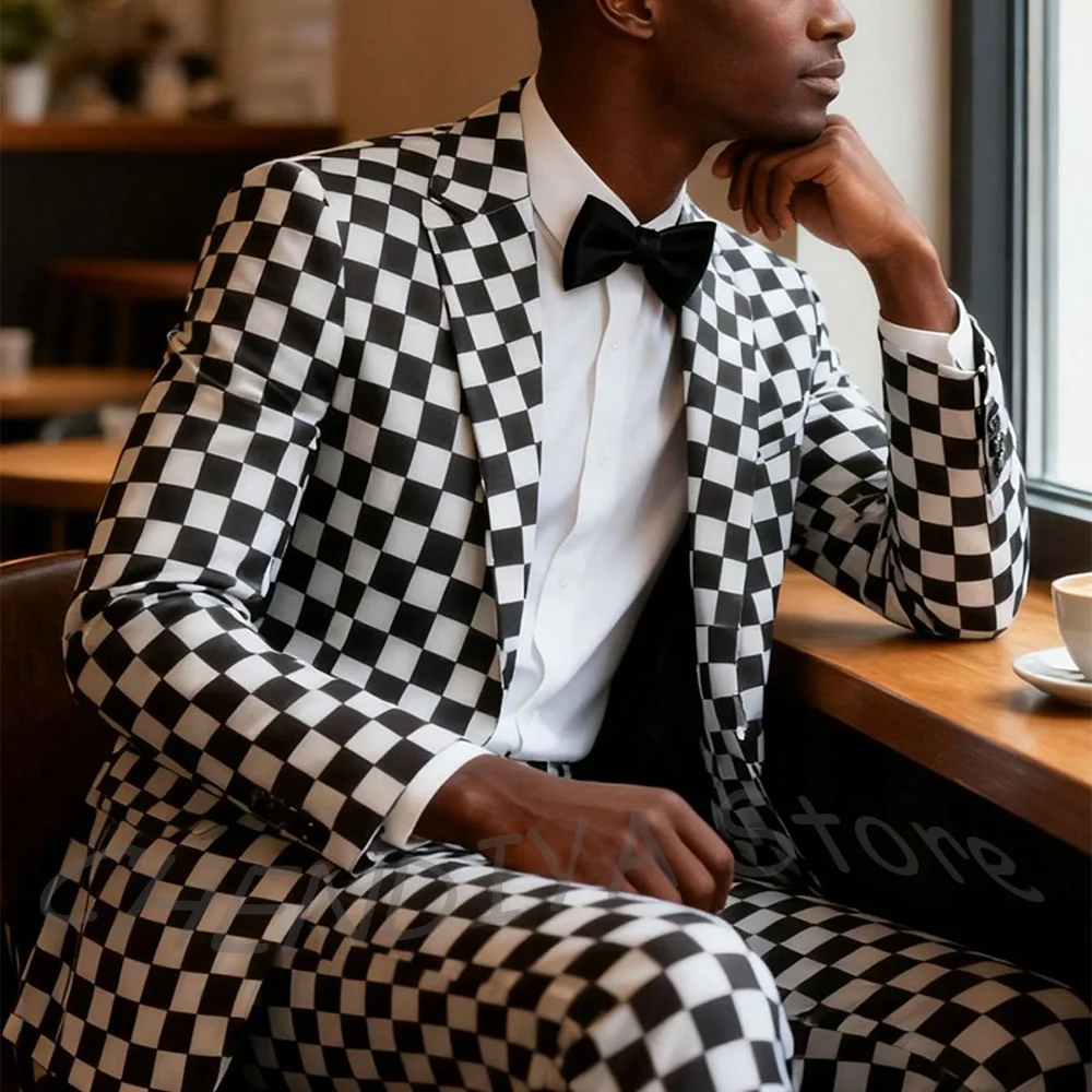 Stylish Checkerboard Plaid Man Suit For Wedding Slim Fit Notch Lapel Formal Outfit 2 Piece Dinner Party Prom Male Clothes Set