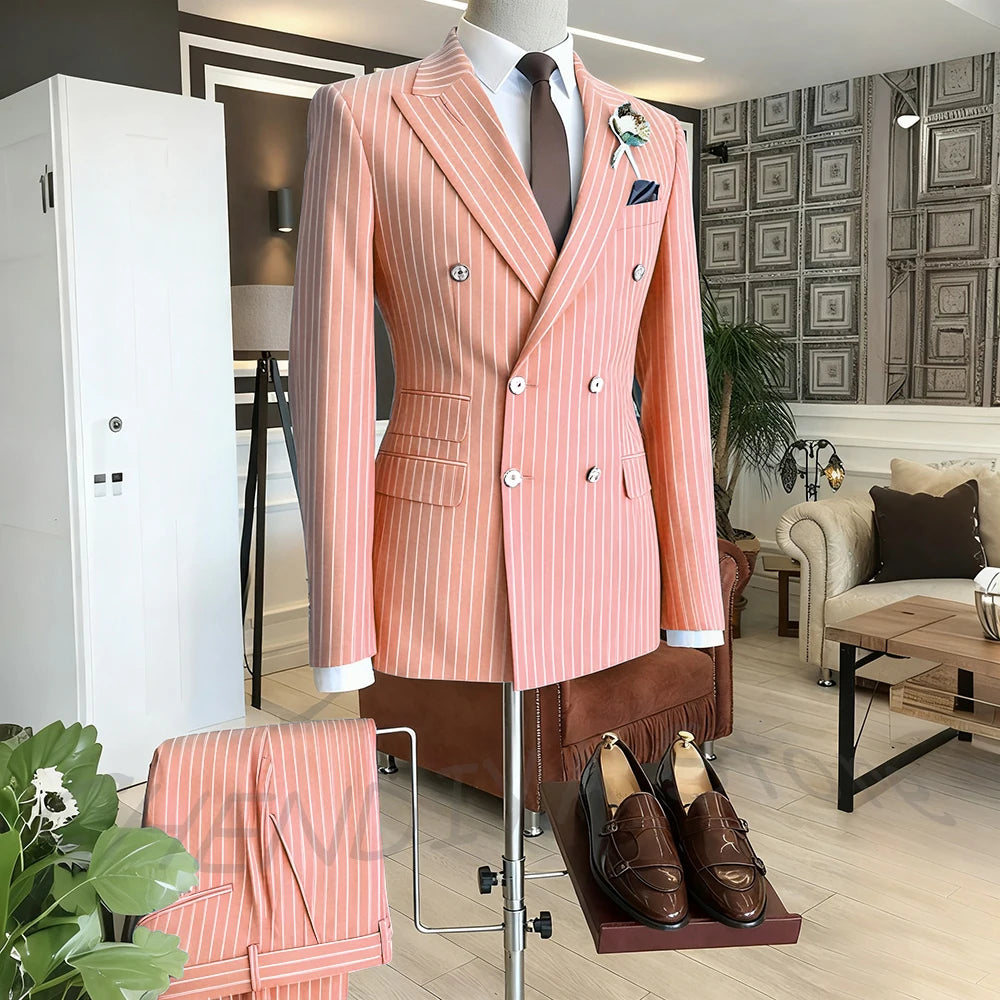 Brown Striped Men Suits Double Breasted Formal Outfits 2 Piece Male Clothing Business Casual Tailored Party Prom Jacket Pants