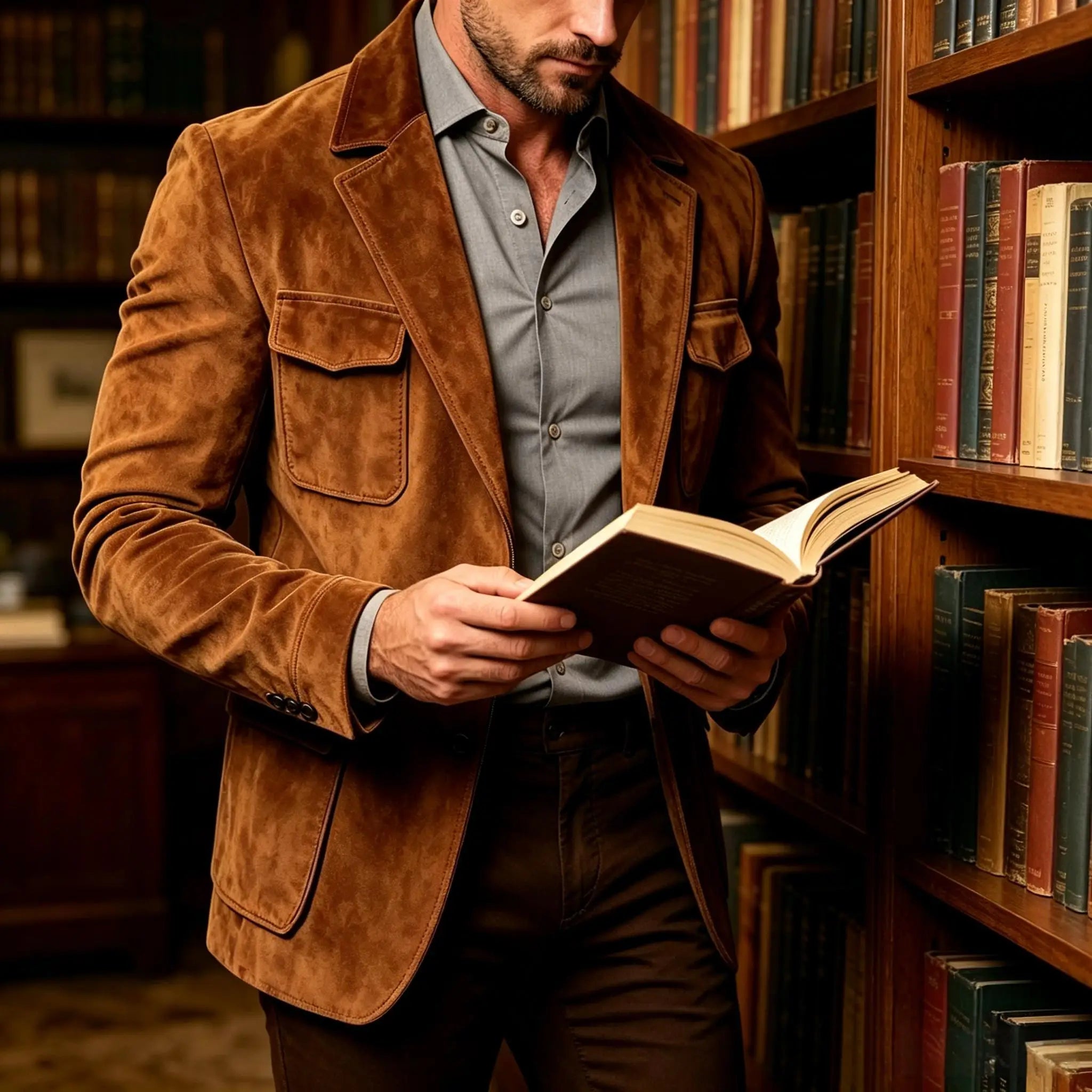 Men's Suede Safari Blazer Slim Fit Notch Lapel Multi-Pocket Hunting Jacket Autumn Winter Casual Business Sport Coat