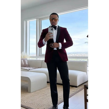 Burgundy Velvet Men's Suits 2 Pieces Wedding Groom Tuxedo High-end Occasion Formal Male Clothing Jacket Pants