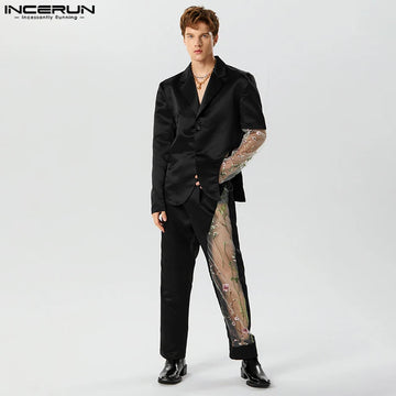 2023 Fashion Men Sets Embroidery Mesh Patchwork Lapel Long Sleeve Blazer & Pants 2PCS Streetwear Men Casual Suits S-5XL INCERUN