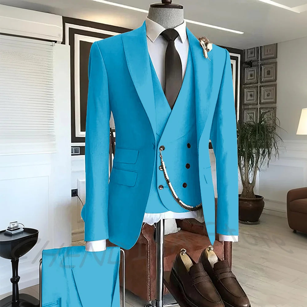 Men's Suit Formal Set 3 Piece Chic Single Button Peak Lapel Slim Fit Outfit Jacket Pants Vest High Quality Business Casual