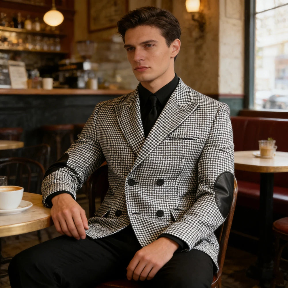Men's Houndstooth Double Breasted Blazer with Leather Elbow Patches Peak Lapel Sport Coat Formal Business Wedding Suit Jacket