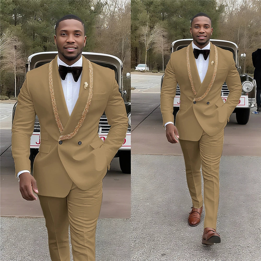 Handsome Men's Suits Double Button Shawl Lapel Solid Color Outfit Man Set 2 Piece Casual Daily Office Prom Male Clothing