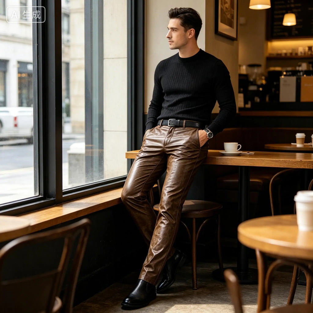 Men's Faux Leather Straight Leg Pants Slim Fit Business Casual Trousers Streetwear For Daily Office Travel