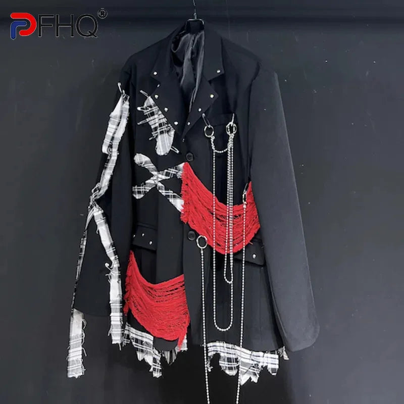 PFHQ Men's Fake 2 Pieces Suit Jackets New Niche Design Loose Cut Edge Patchwork Summer Heavy Industry Personality Blazer 21Z4455