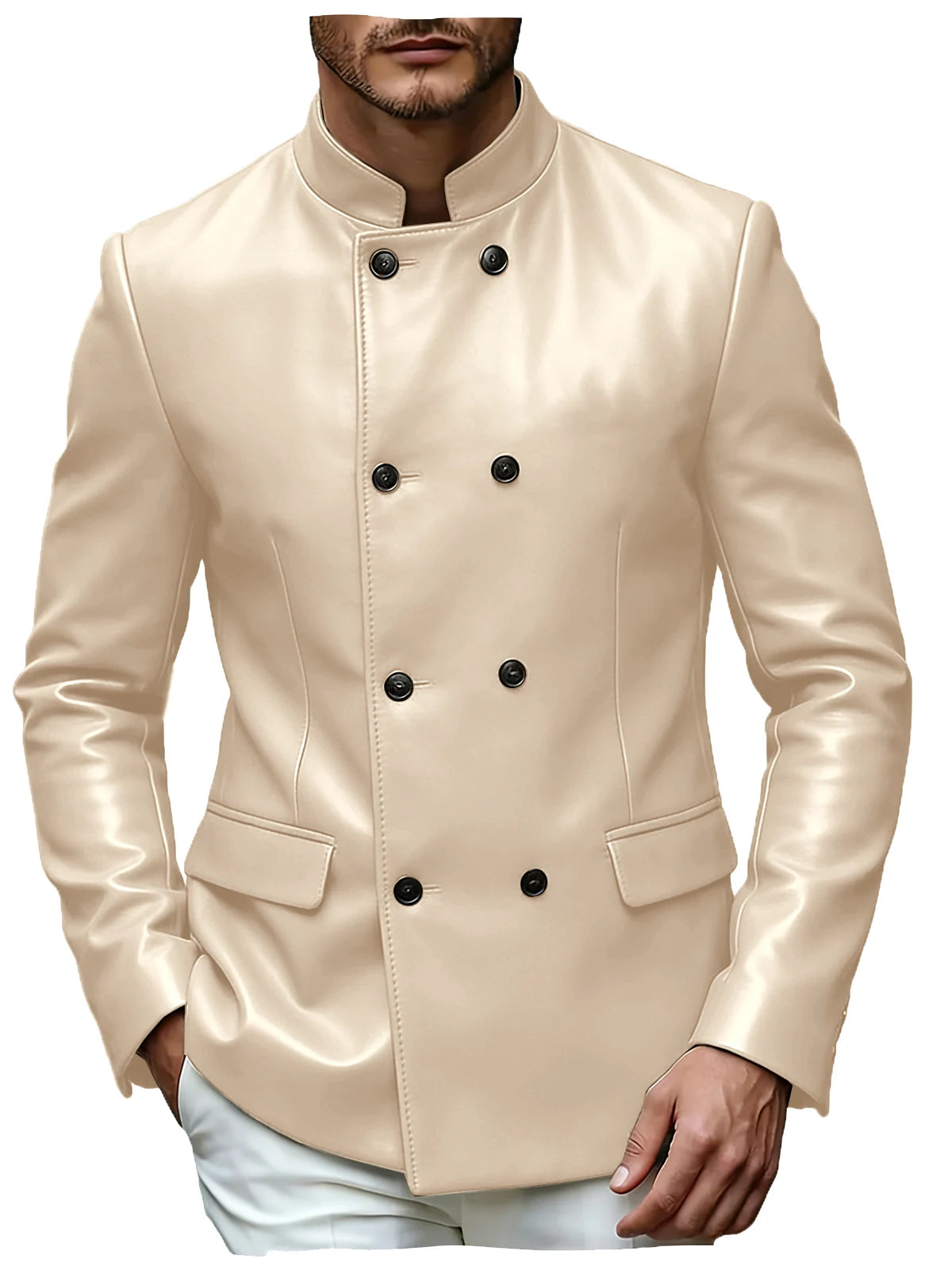 Men's Blazer Stand Collar Faux Leather Jacket High Quality Double Breasted Slim Fit Casual Coat For Business Office Outerwear
