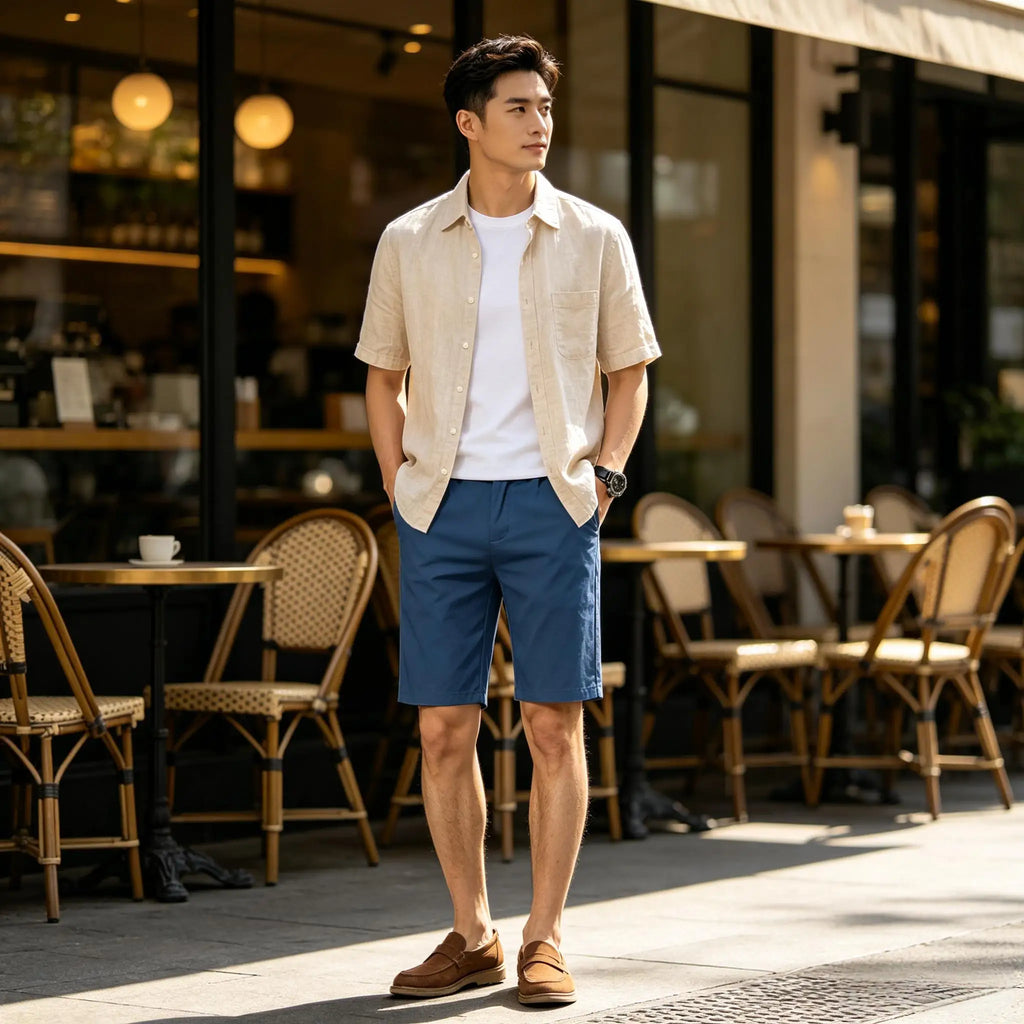 Men Cotton Solid Knee Length Bermuda Shorts Straight Chino Shorts Front Back Pockets Breathable Summer Beach Daily Casual Shorts