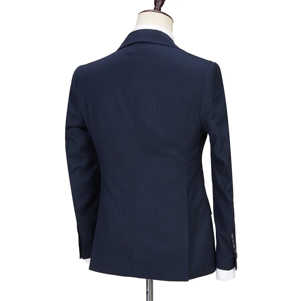 High Quality Men Suits Notch Lapel Single Breasted Navy Blue Pinstripe Suit Smart Casual Formal Party 3 Piece Formal Blazer