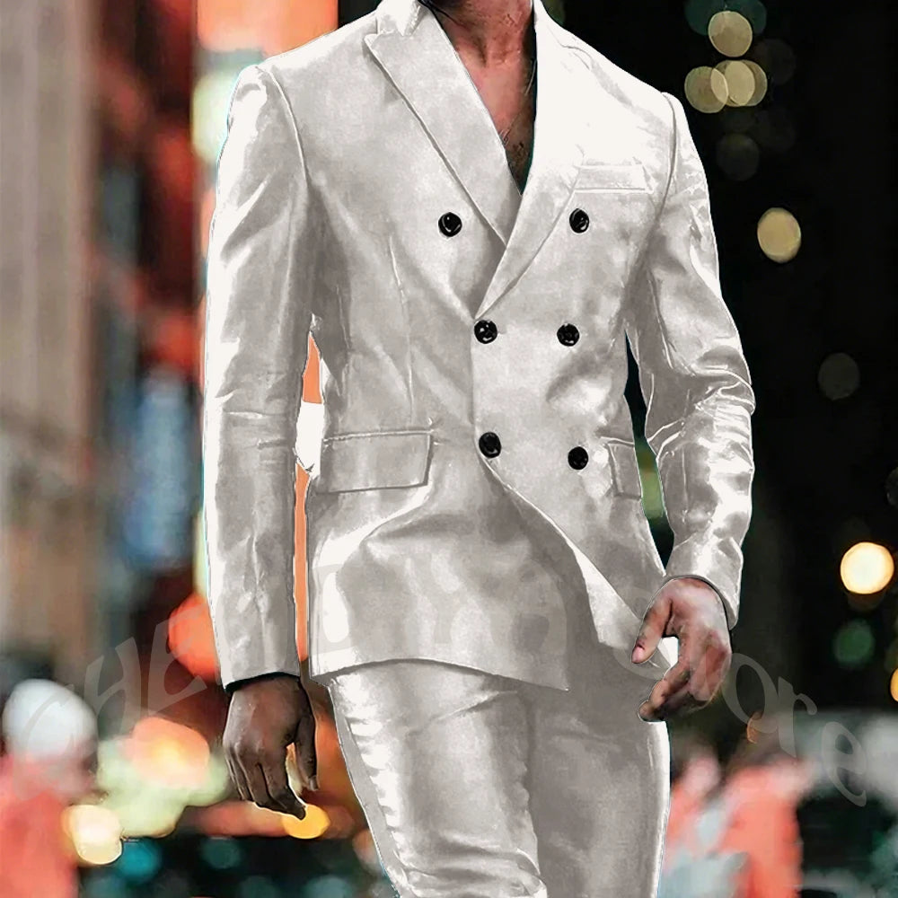 Elegant Satin Men Suit 2 Pieces Peaked Lapel Handsome Tailor-Made Custom Man Fashion Clothes Set Smart Casual Jacket Pants