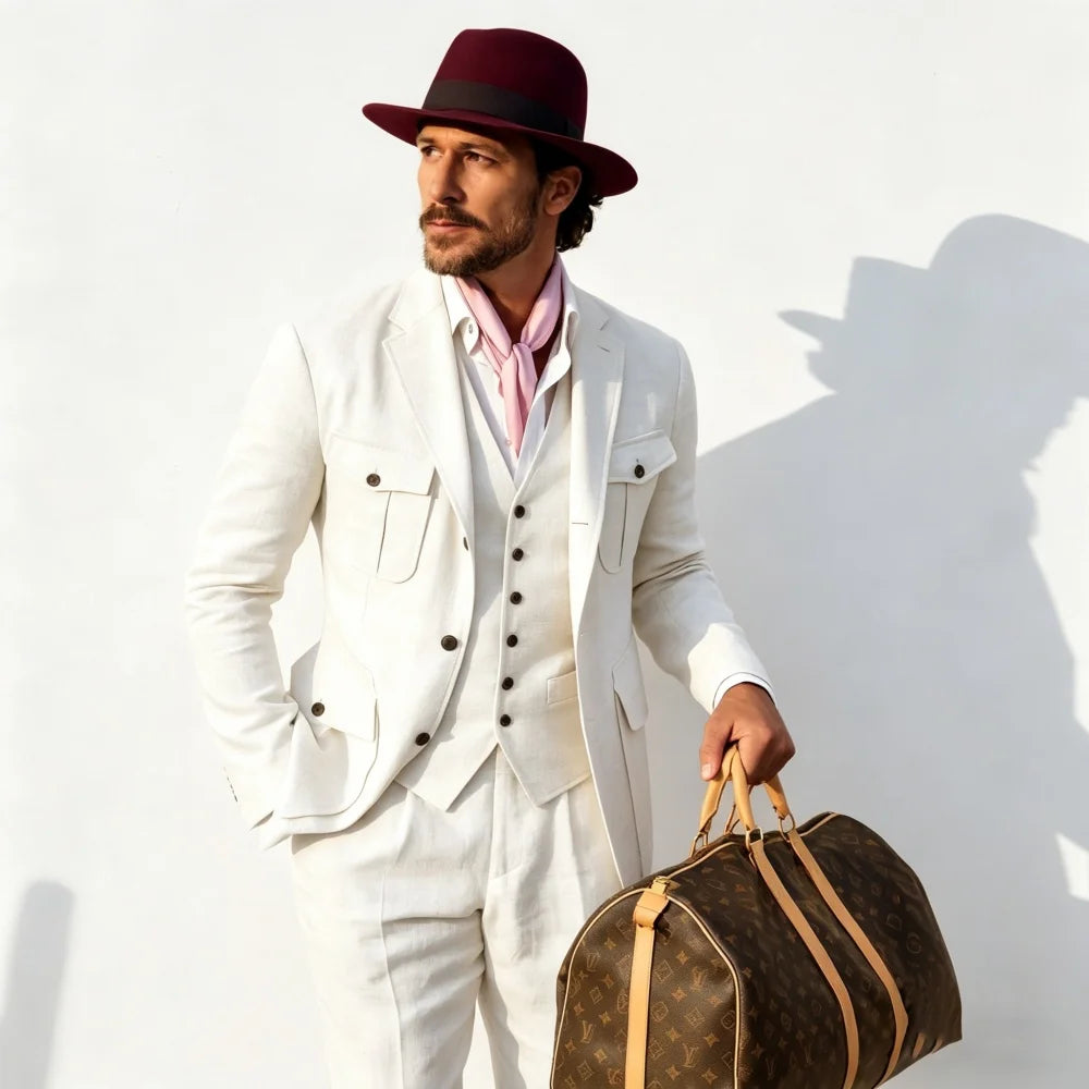 Beige Linen Safari Men Suits 3 Pieces Summer Men Suits Breathable Casual Formal Blazer Vest Pants Set for Male Daily Wear