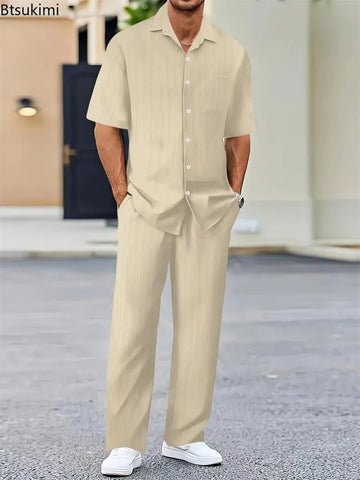 Spring Summer New Style Men's Sets Fashion Solid Short Sleeve Button Cardigan Tops and Pants 2 Piece Sets Man Casual Sports Suit