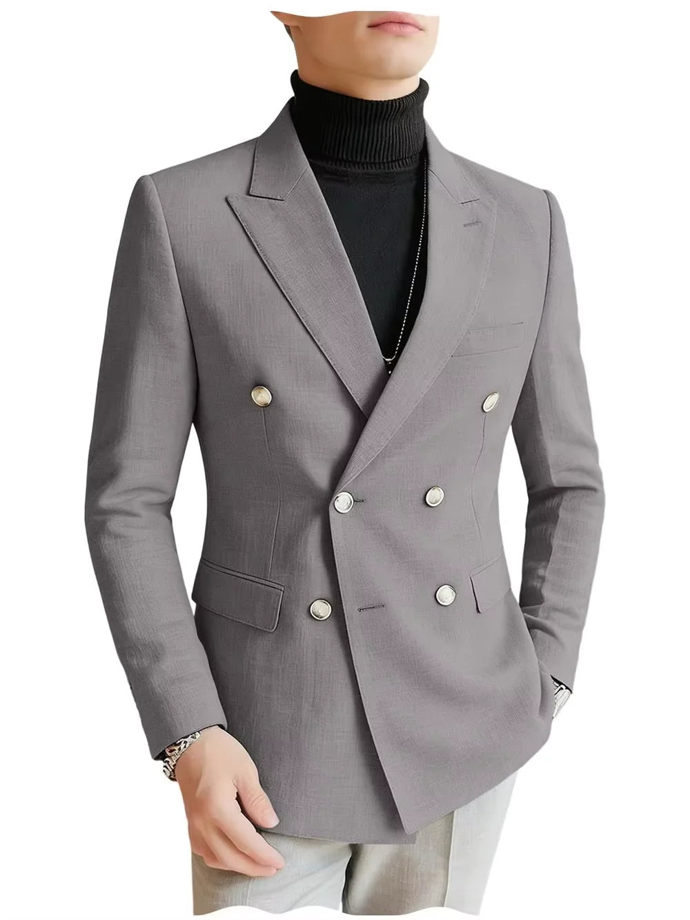 Men's Linen Blazer Double Breasted Peak Lapel Slim Fit Lightweight Breathable Cool Fashion Formal Jacket For Summer Business
