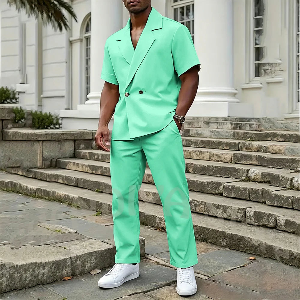 Stylish Men's 2 Piece Sets Notch Lapel Double Button Short Sleeves Blazer Suit Straight Fit Summer Casual Fashion Outfit