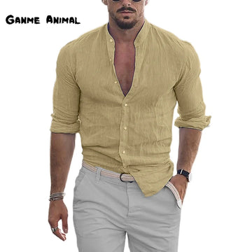 New Solid Color Linen Long Sleeve Shirs Loose Casual TShirt Long Sleeve Cotton Tops Blouses Men Clothing Camisa Masculina