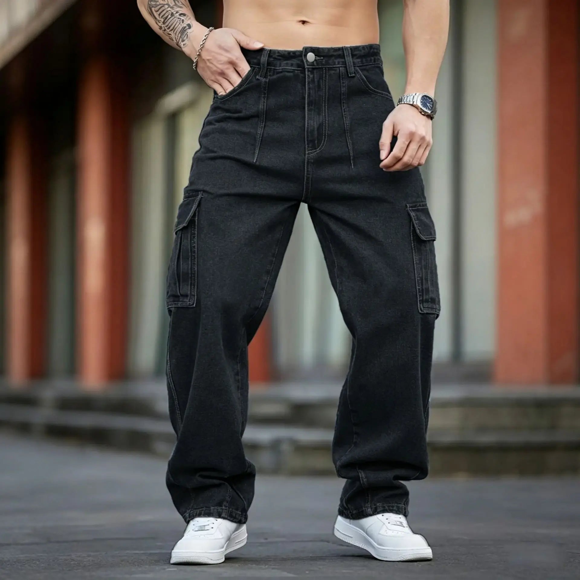 Men Multi Cargo Pocket Jeans Vintage Loose Wide Leg Straight Denim Pants Streetwear Hip Hop Workwear Trousers