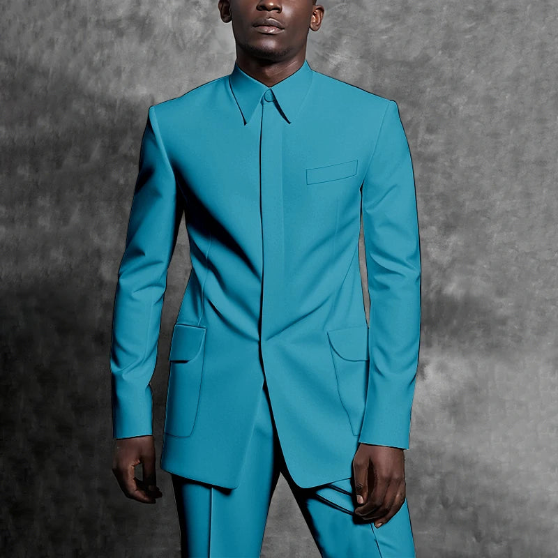 Tailored Suits Stand Collar Tuxedo Gentleman Solid Color Outfit Man Suit Set 2 Piece Smart Casual Daily Office Male Clothing