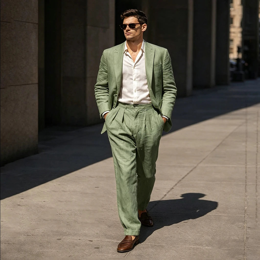 Beige Linen Prom Suits for Men 2 Pieces Wedding Tuxedo Slim Fit Groom Blazer Trousers Set Summer Formal Attire men suit set