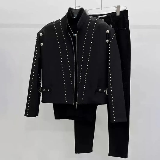 Mens Jacket Rivet Belt Decoration Jacket Nightclub Temperament Personality Party Performance Zipper Jacket Men'S Clothing 2024