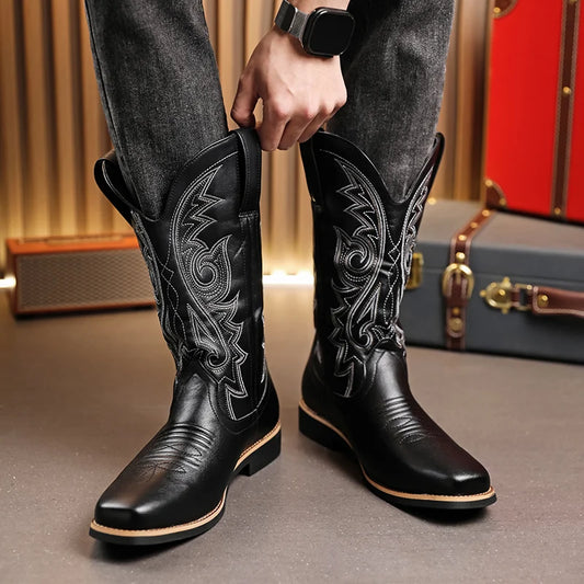 British style Black Western Boots Men Fashion Quality Men's High Boots Plus Size 48 Embroidered Leather Cowboy Boots for Men