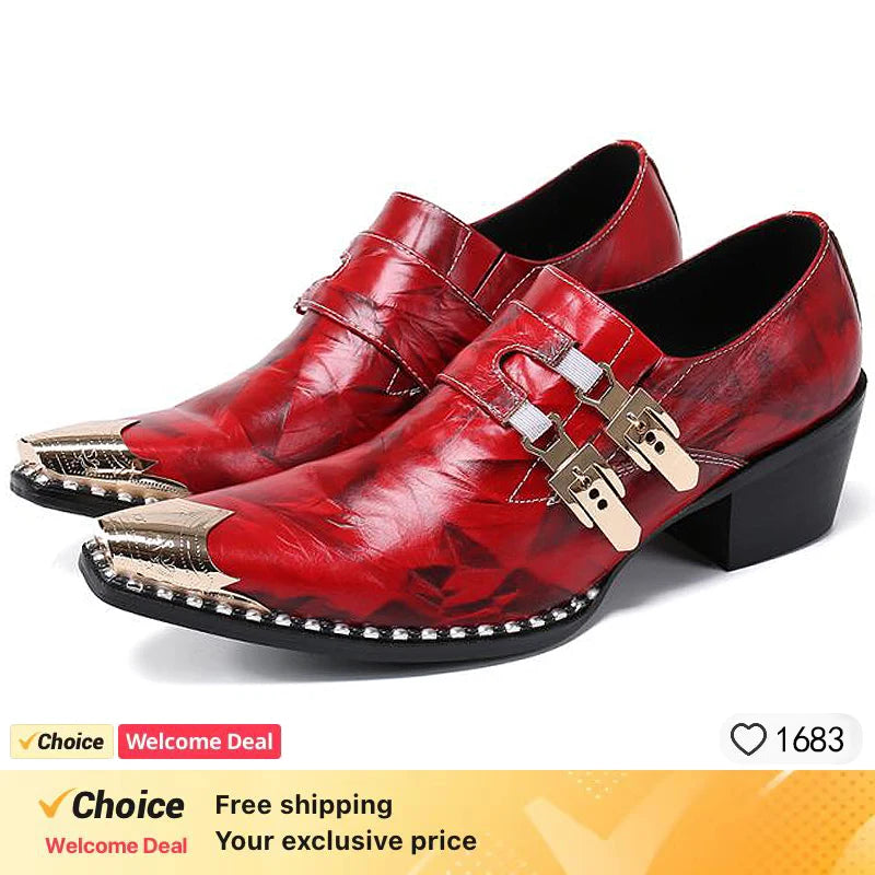 High-end red buckle pointed high-heeled leather men's shoes suit men's snake black dress party shoes.