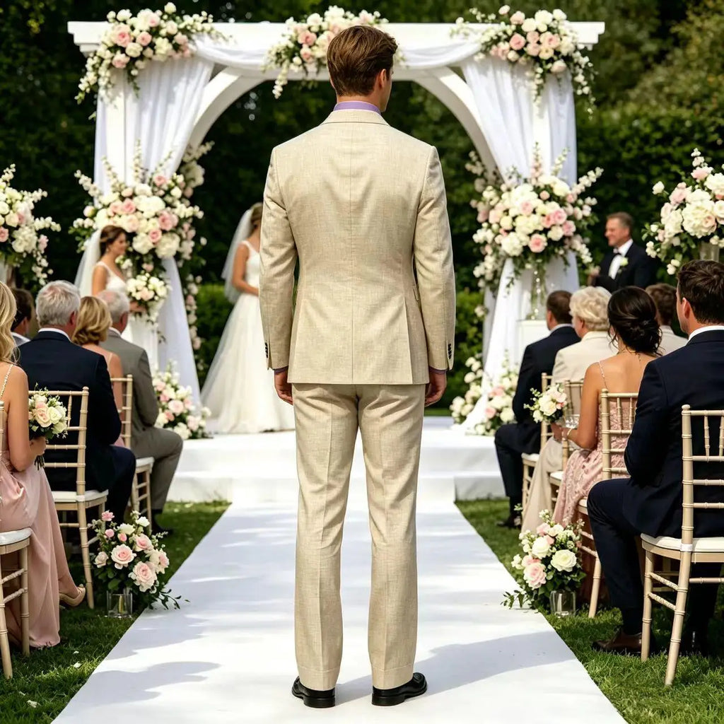 Vintage Men's Beige Linen Suit Notched Lapel Double Breasted Formal Blazer Set Summer Lightweight Wedding Party Trousers Suit Fo