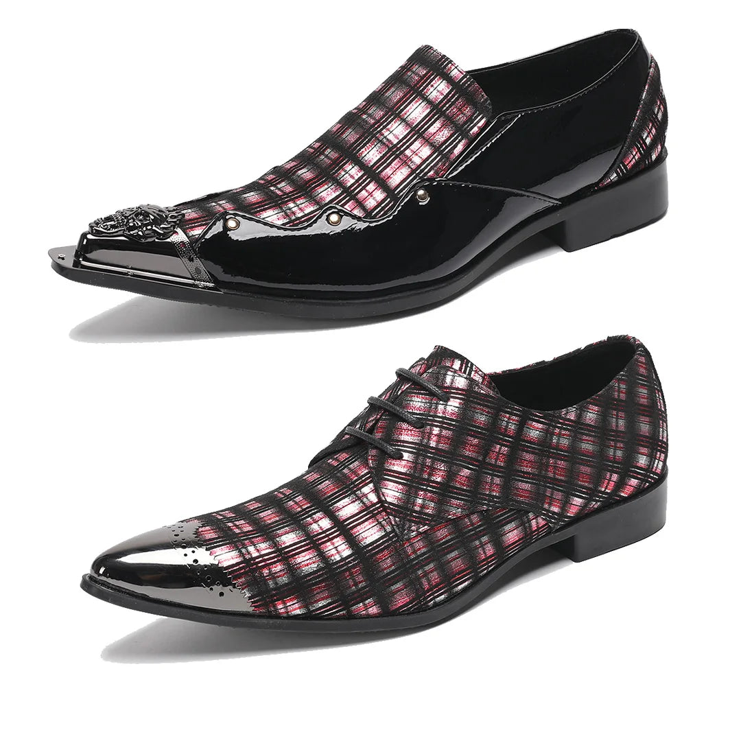 Checkered Patchwork Men's Leather Shoes with Metal Pointed Toe  Patent Leather Heel  Party and Wedding Leather Shoes
