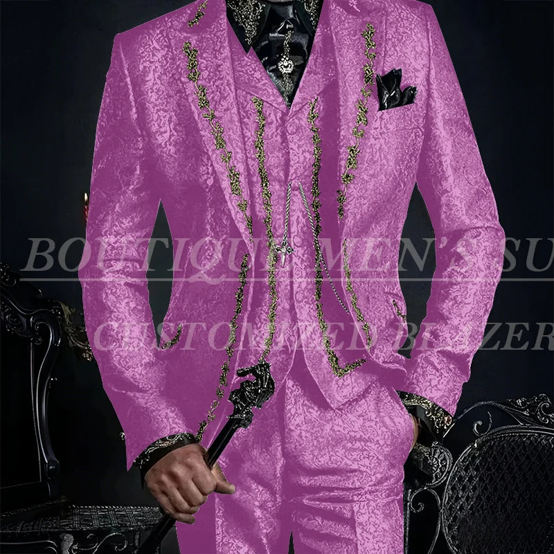 Elegant Black Jacquard Men Suits Embroidery Single Breasted Slim Fit 3 Piece Jacket Pants Vest Male Clothing Blazer Terno 2024