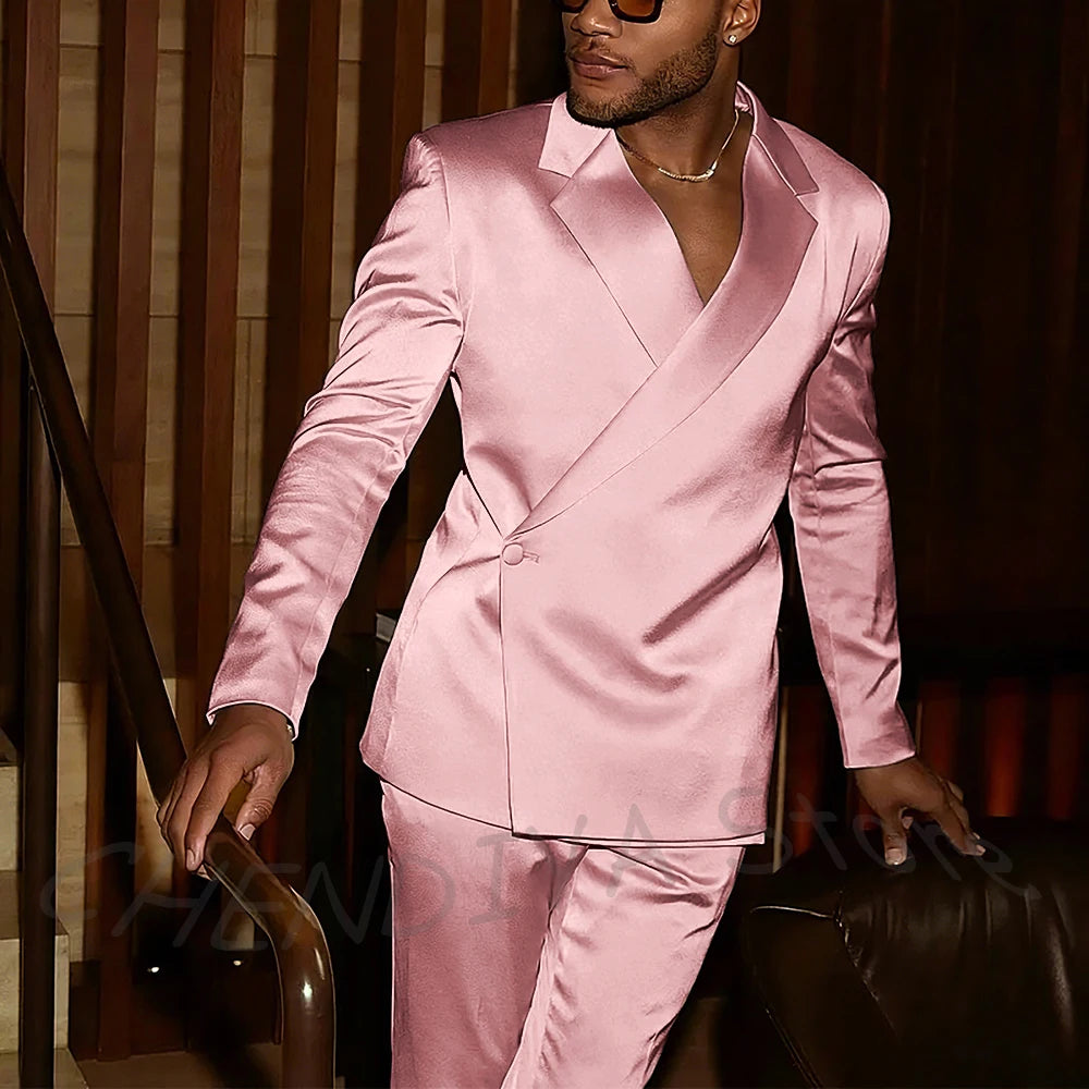 Fashion Notch Lapel Satin Men Suit High Quality Single Button Slim Fitted Outfit Jacket Pants Model Show Party Prom Male Set