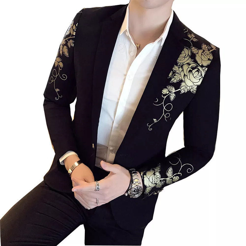 2024 Neues Luxus Gold Print Blazer Slim Fit Männer Blazer Bühnenstuch Soziales Hochzeitskleid Männlicher schwarzer Anzug Jacke