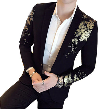 2024 Nova Luxury Gold Print Blazer Slim Fit Men Blazer Stage Pano Social Party Wedding Dress Macho Black Sonos Jaqueta