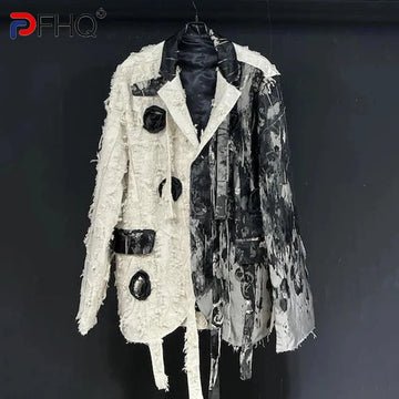 PFHQ Design Black Embroidery Patchwork Tassel Suit Jacket Men Loose Casual 2024 Contrast Color Male Tops Fashion 21Z5930