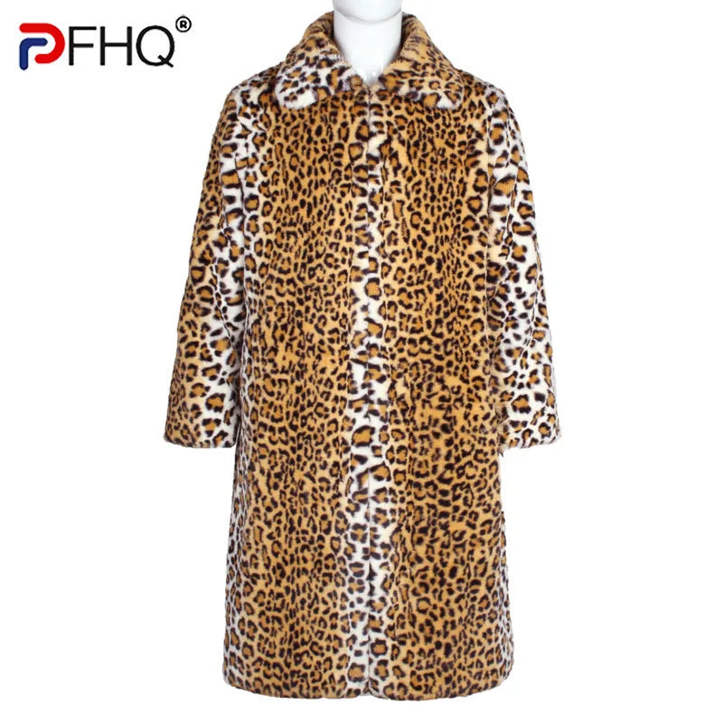 PFHQ Men's Imitation Fox Fur Warm Coat Leopard Print Jacket Contrast Color 2024 Long Sleeve Turn-down Collar Male Tops 21Z8039