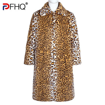 PFHQ Men's Imitation Fox Fur Warm Coat Leopard Print Jacket Contrast Color 2024 Long Sleeve Turn-down Collar Male Tops 21Z8039