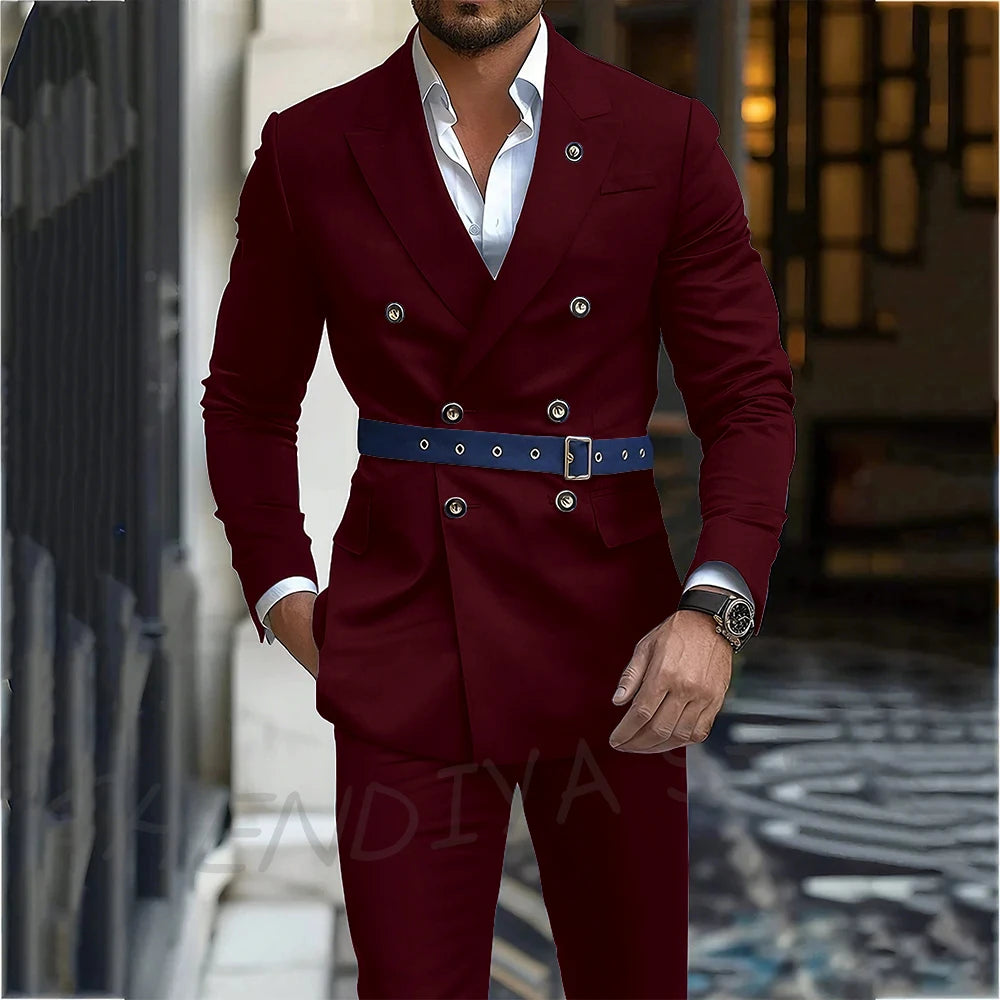 Navy Blue Men's Suit Classic Peak Lapel Blazer Double Breasted Formal Set Two Piece Business Casual Male Clothing Without Belt